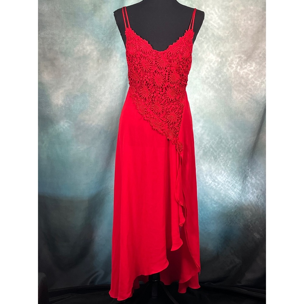Vintage Flora Nikrooz Red Lace Chiffon Nightgown S High Low‎ Lingerie Slip USA